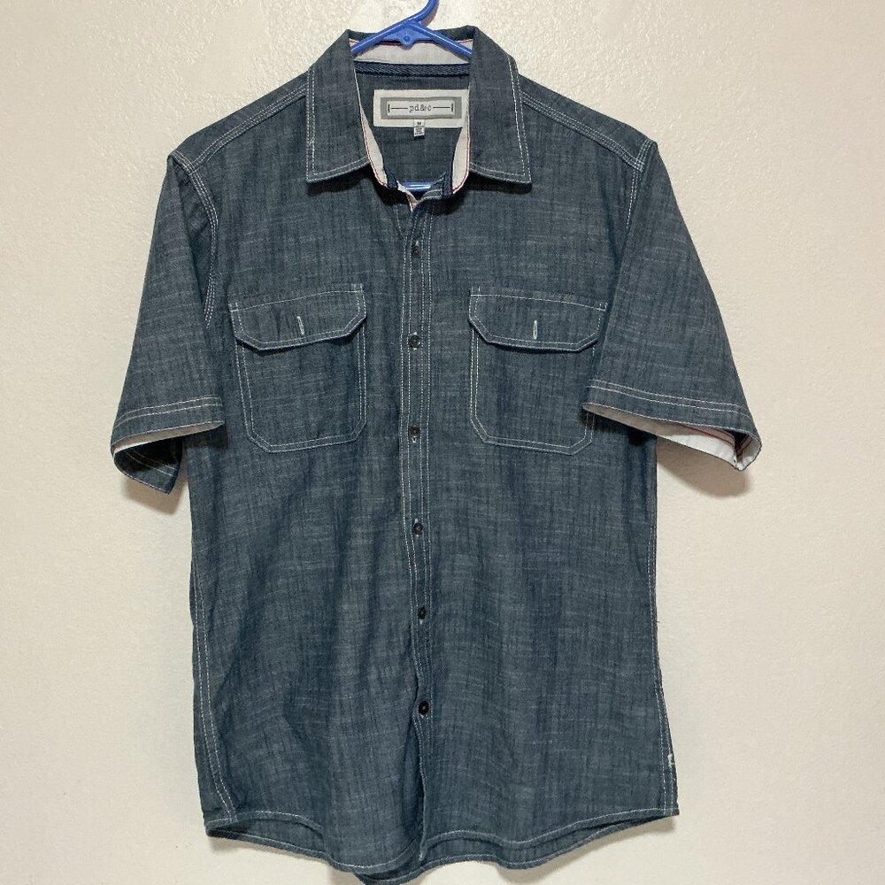 PD & C MEN'S MEDIUM SHORT SLEEVES BLUE/GRAY BUTTON-UP POLO SHIRT/Preowned
